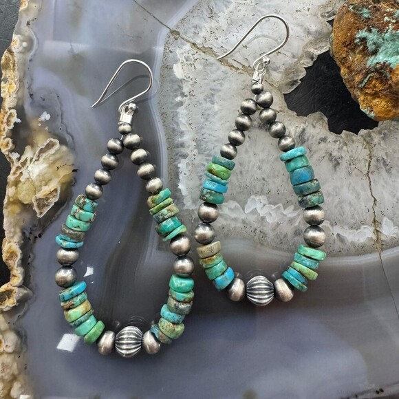 Sterling 4-6mm Navajo Pearl Southwester Style& 6mm Turquoise Bead Hoop Earrings - Picture 1 of 10